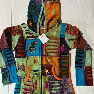 Girls Colorful Patchwork Hippy Hoodie BOHO Razorcut Stonewashed Cotton Size M